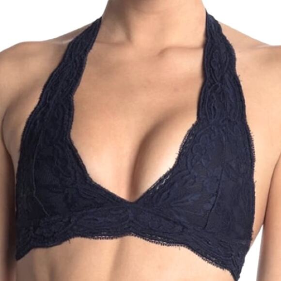 French Affair Lace Halter Neck Triangle Bralette S Wireless Padded Black NWT - Picture 1 of 6